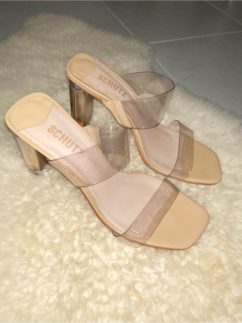 SCHUTZ Nude Clear-Strap Block Heel Mules